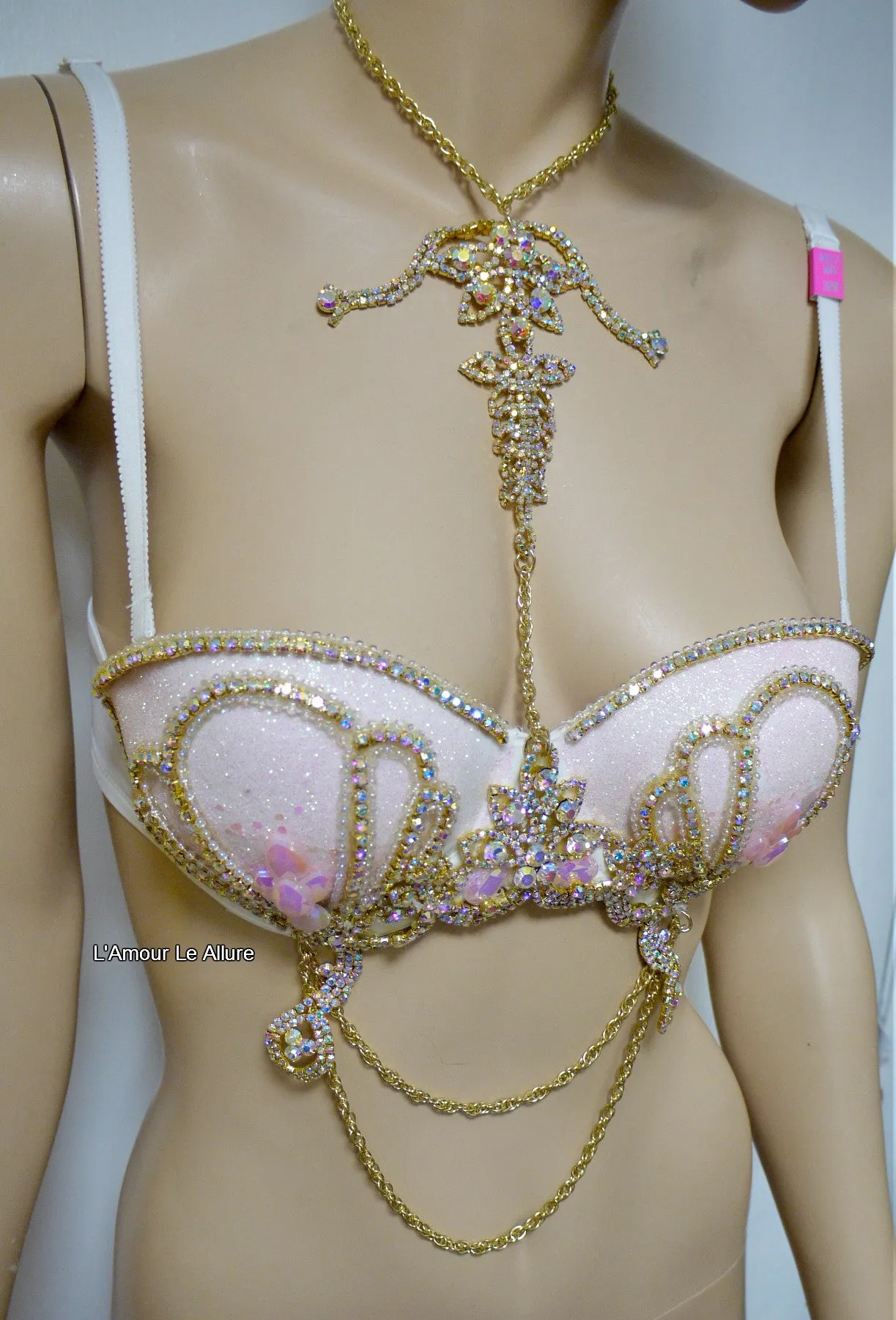 Pastel Pink Glitter Gold Iridescent Mermaid Dance Costume Rave Bra