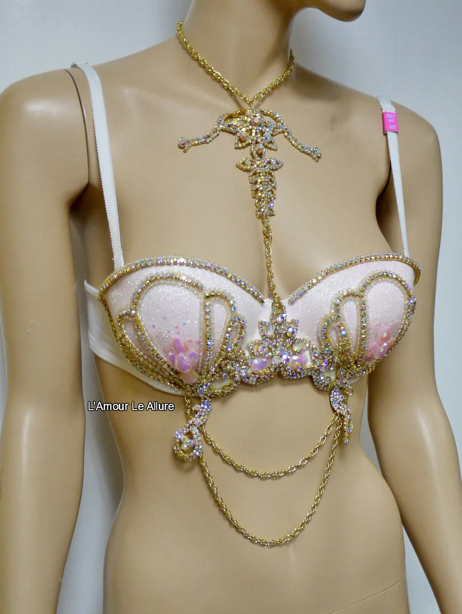 Pastel Pink Glitter Gold Iridescent Mermaid Dance Costume Rave Bra