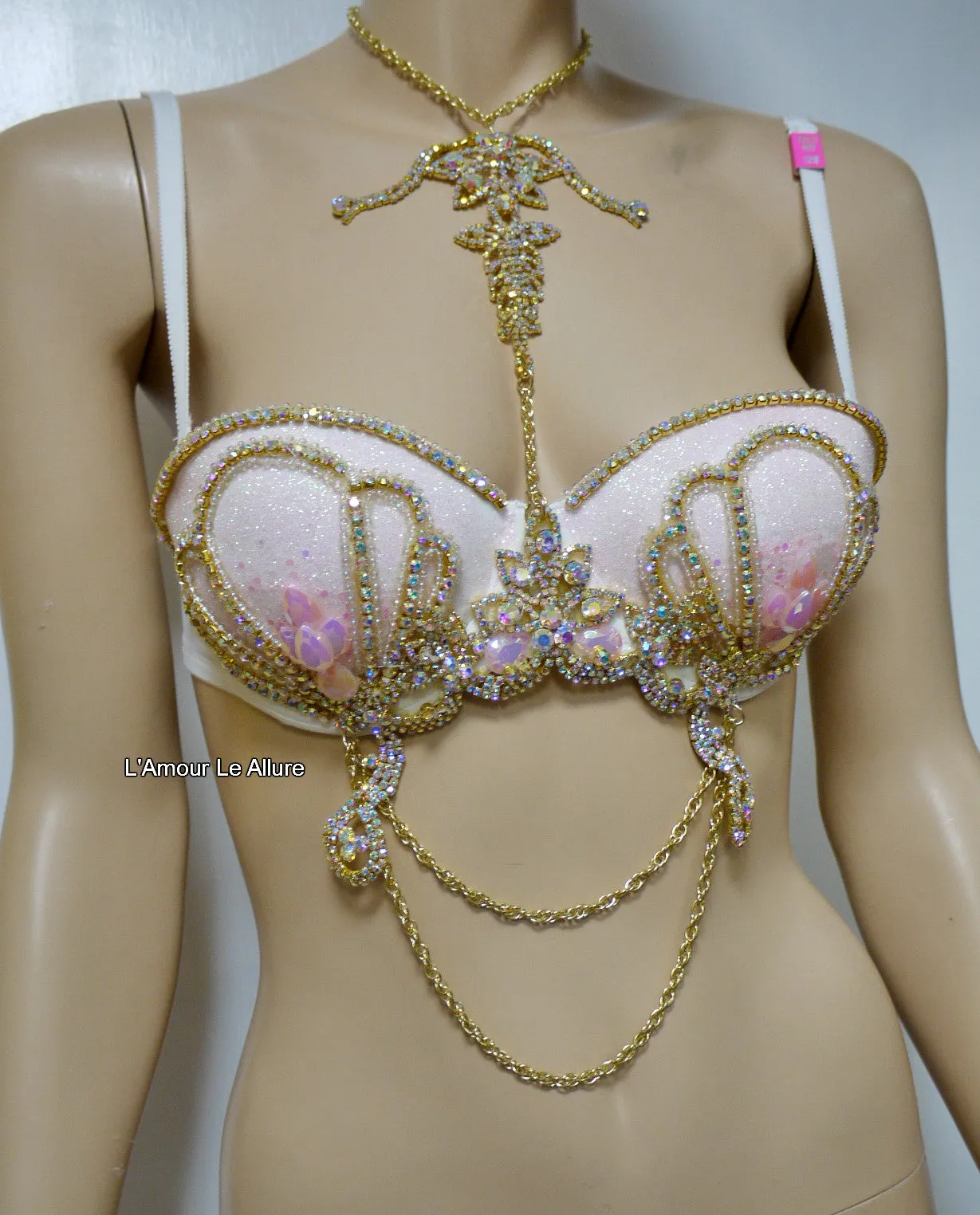 Pastel Pink Glitter Gold Iridescent Mermaid Dance Costume Rave Bra