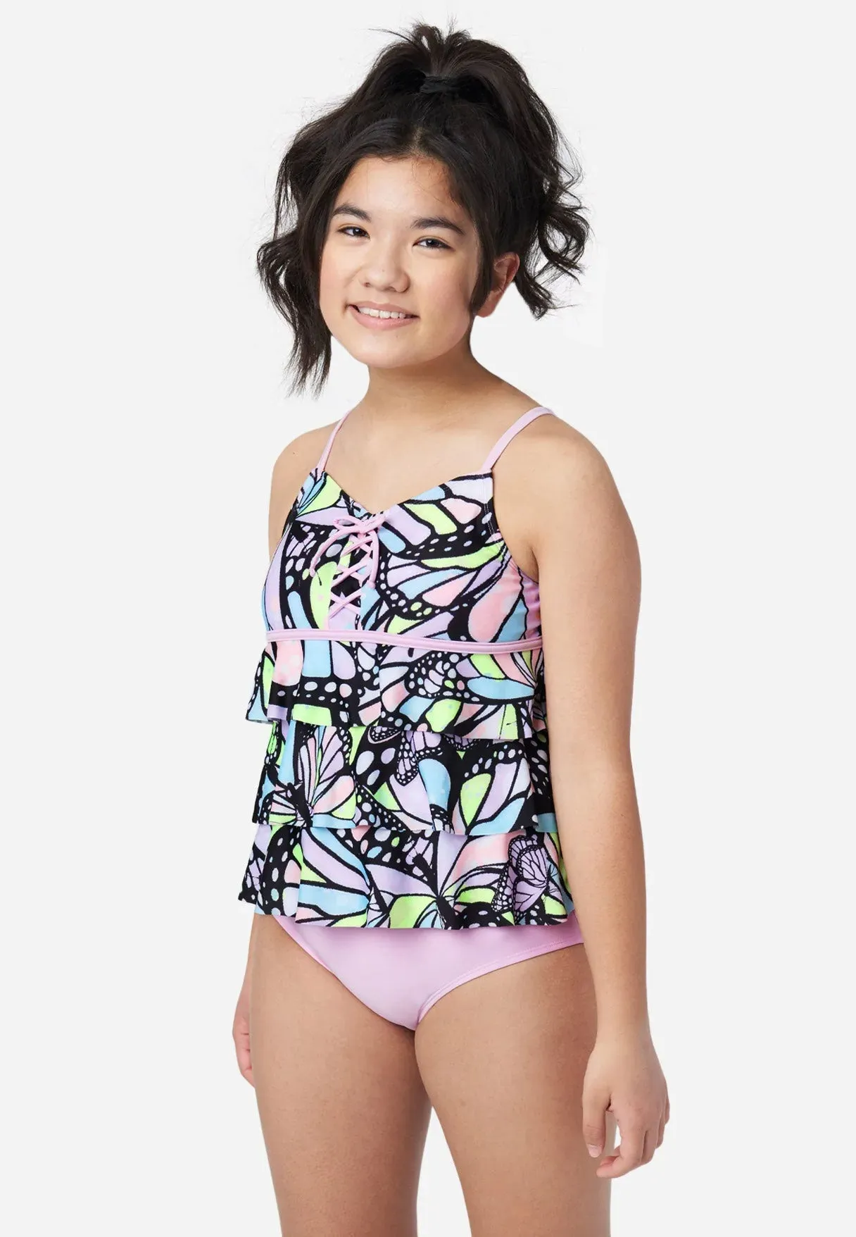 Patterned Lace-Up Tankini Swim Set