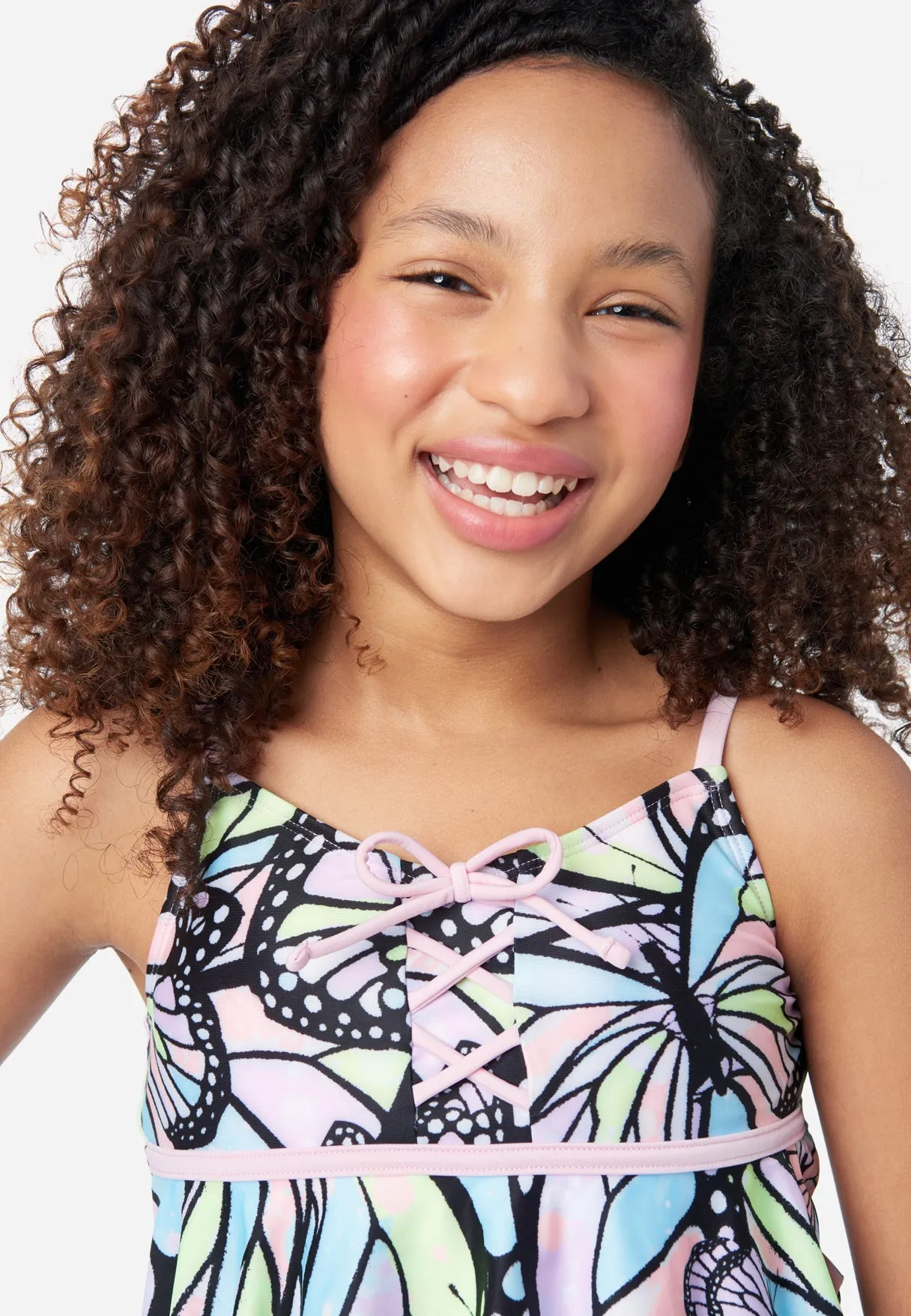 Patterned Lace-Up Tankini Swim Set