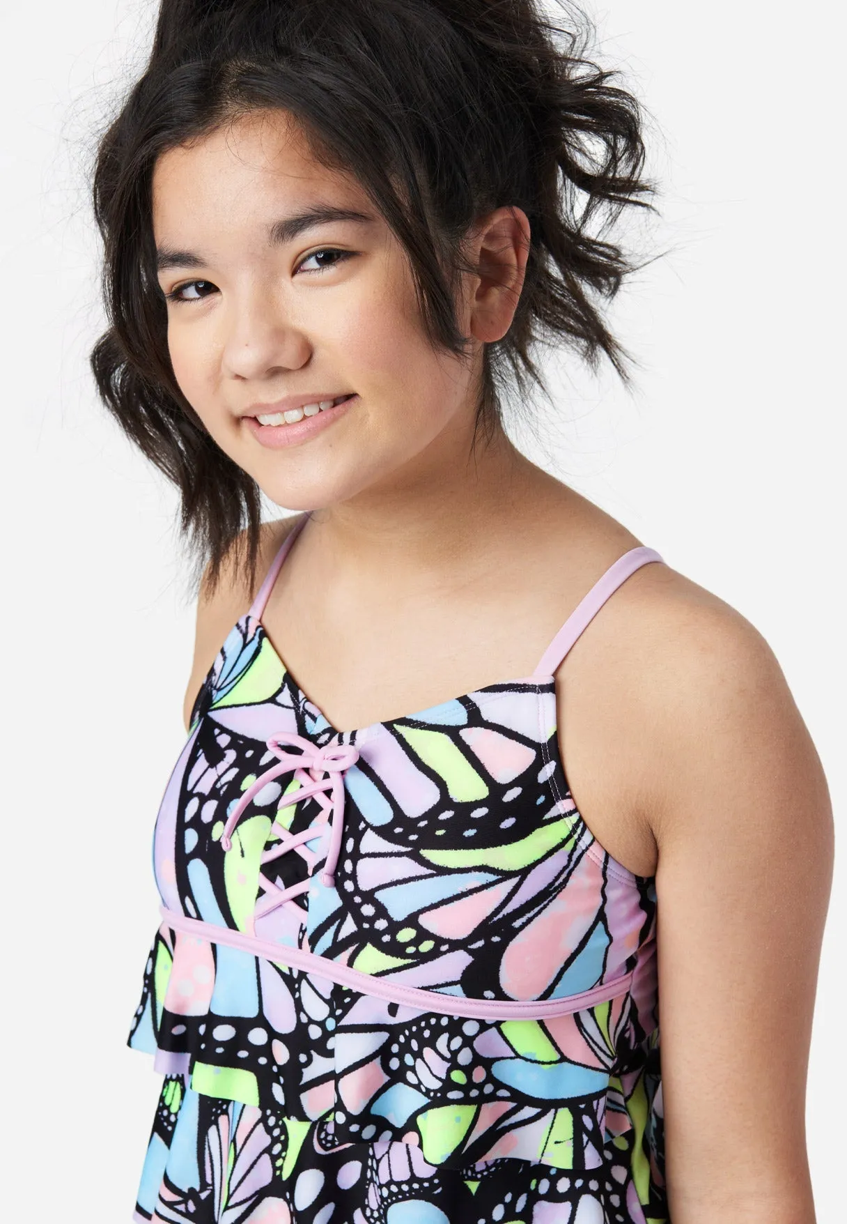 Patterned Lace-Up Tankini Swim Set