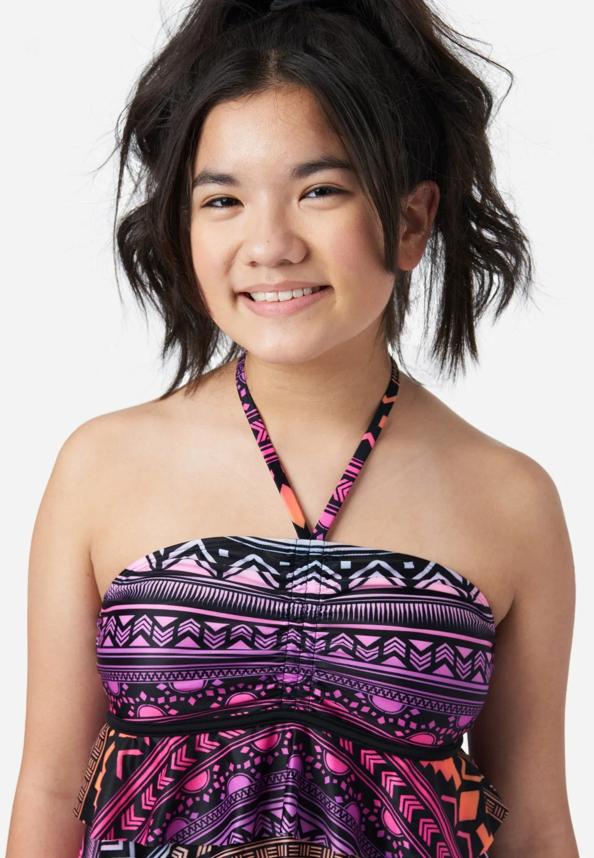 Patterned Ruffle Halter Tankini Swim Set