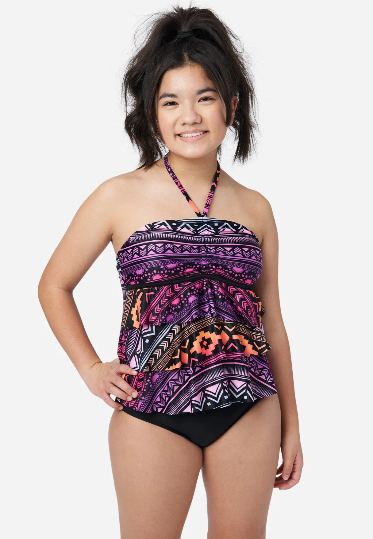 Patterned Ruffle Halter Tankini Swim Set