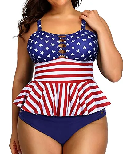 Peplum Tankini Tops Plus Size Swimsuits For Women-Us Flag