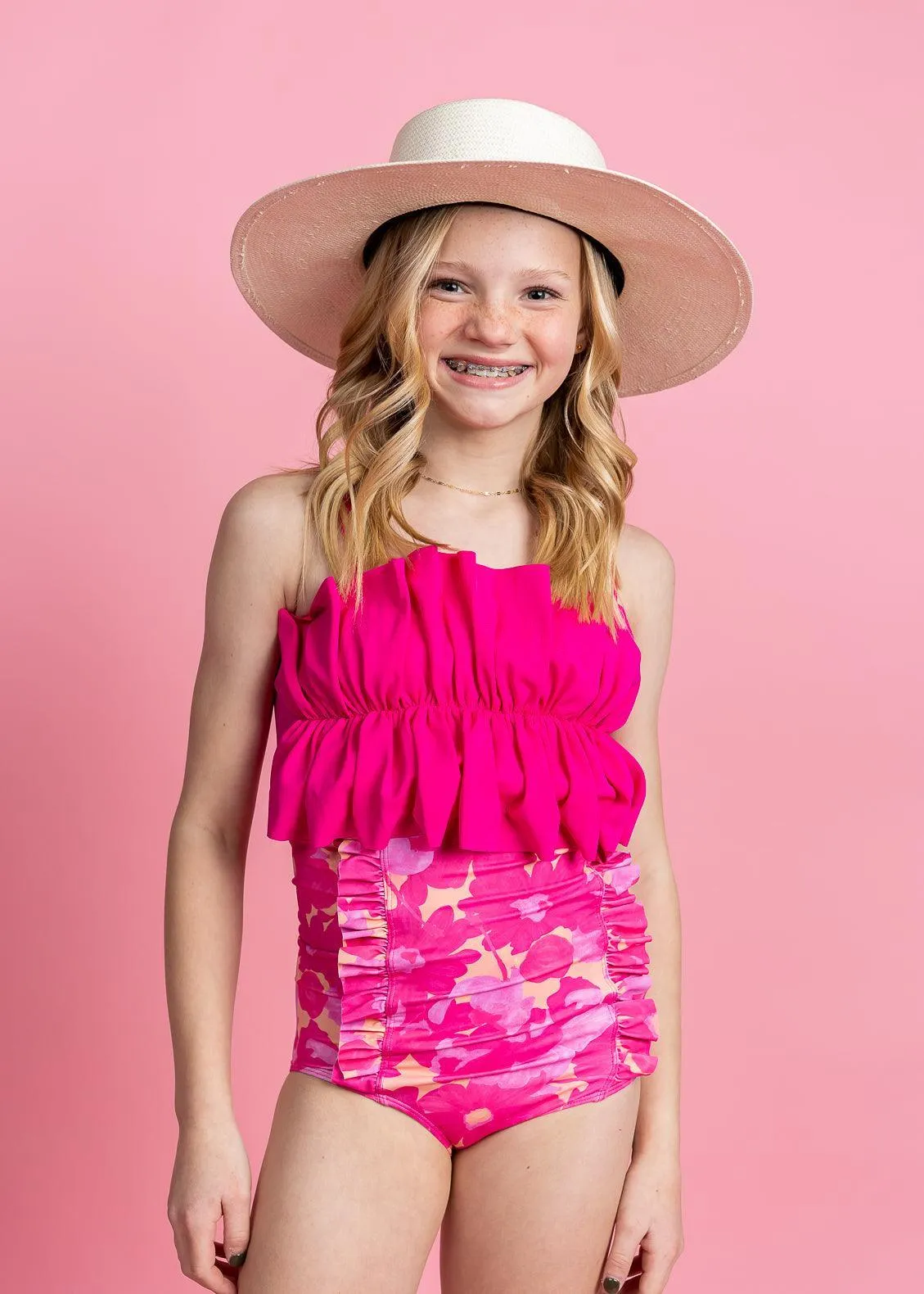 Pink Blooms | Youth Down in Front Ruffle Bottoms