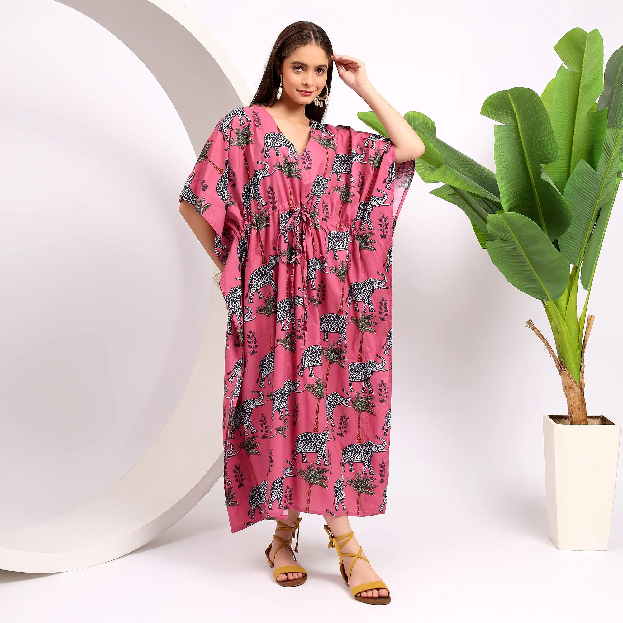 Pink Lounge Dress - Women's Calf Length Kaftaan