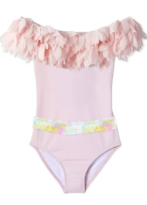 Pink Petal and Sequin Belt Girls Swimsuit