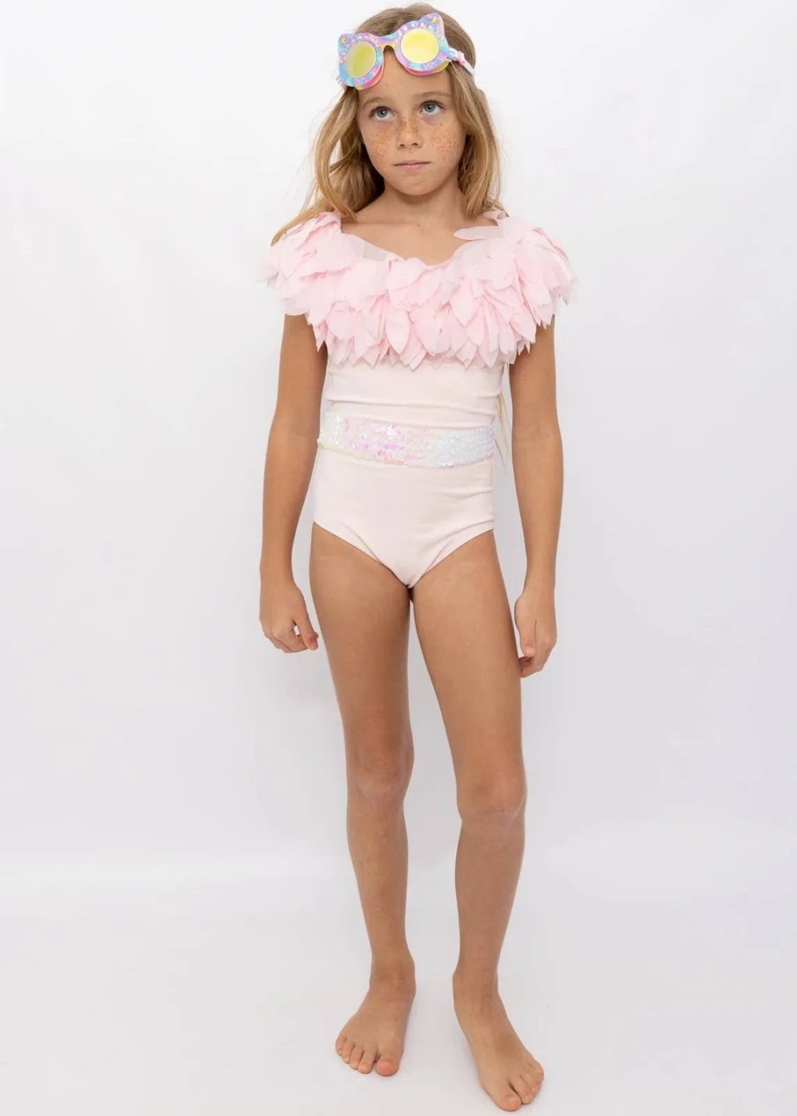 Pink Petal and Sequin Belt Girls Swimsuit