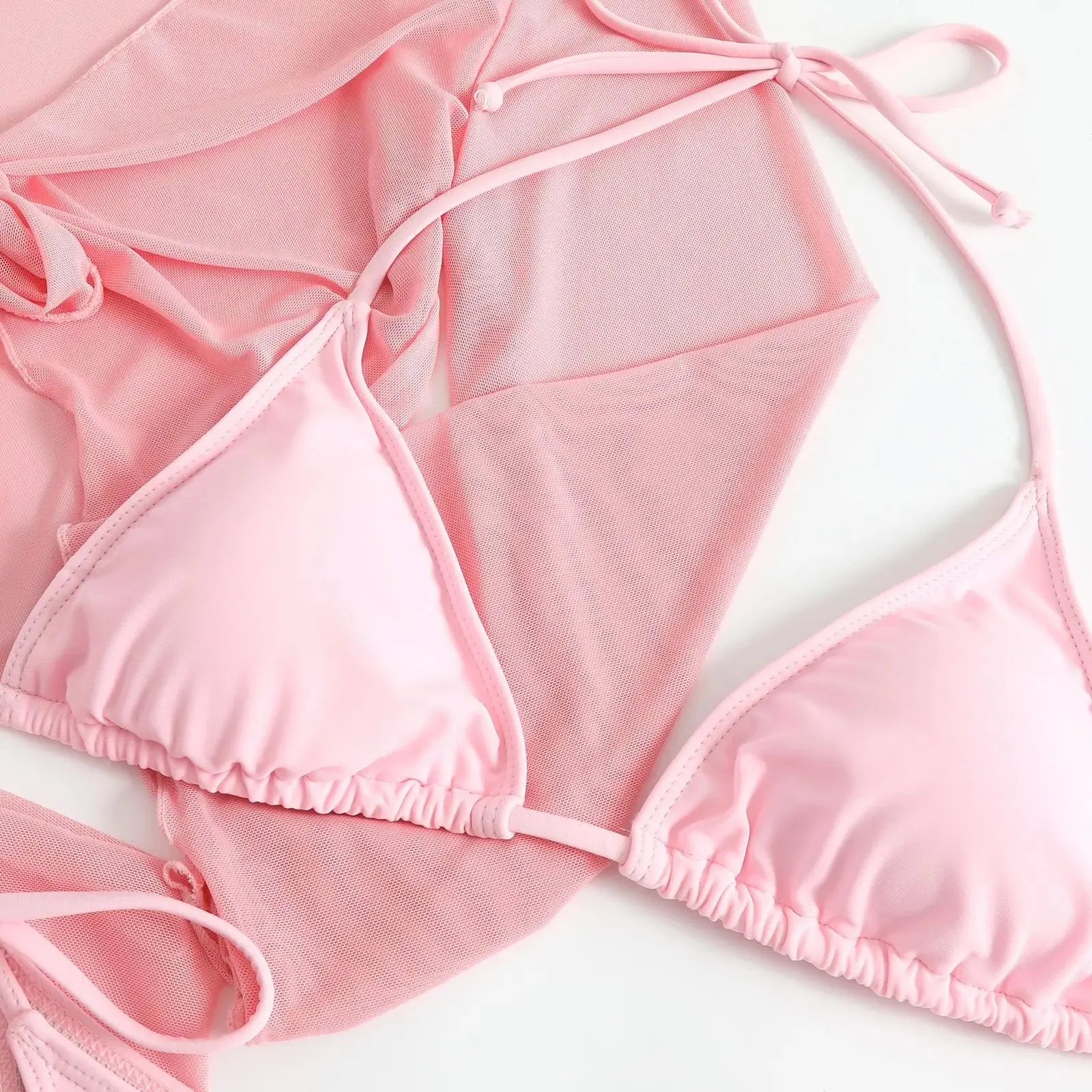 Pink String Bikini with Mesh Cover Tops and Skirt