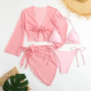 Pink String Bikini with Mesh Cover Tops and Skirt