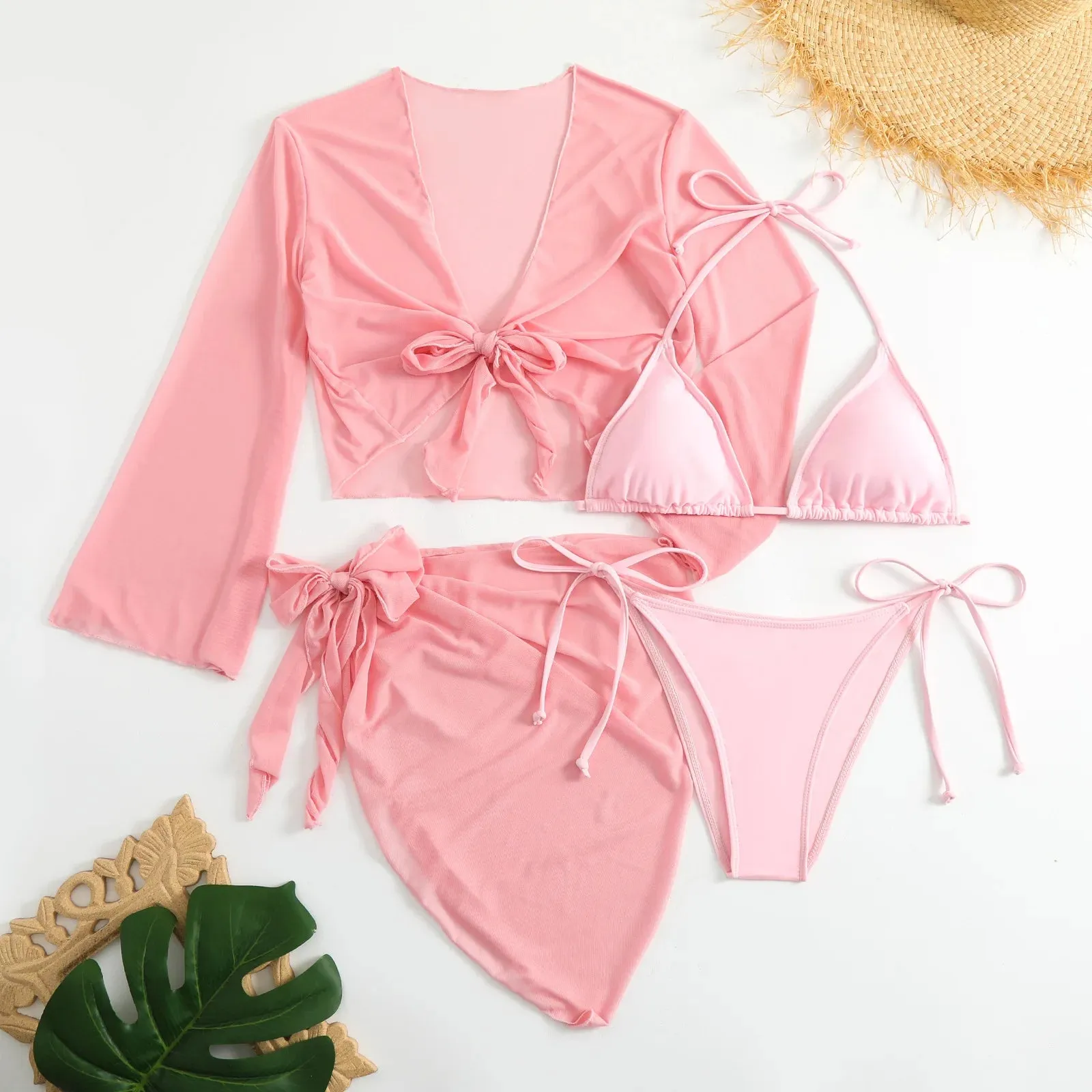 Pink String Bikini with Mesh Cover Tops and Skirt