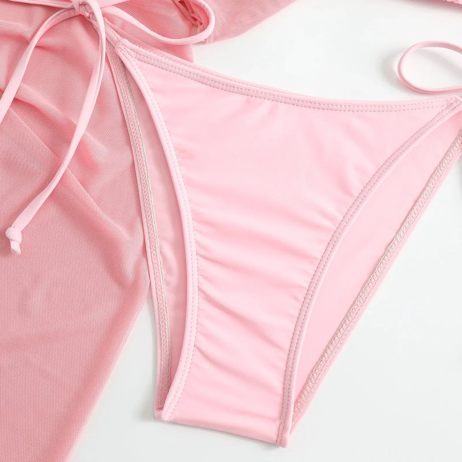 Pink String Bikini with Mesh Cover Tops and Skirt