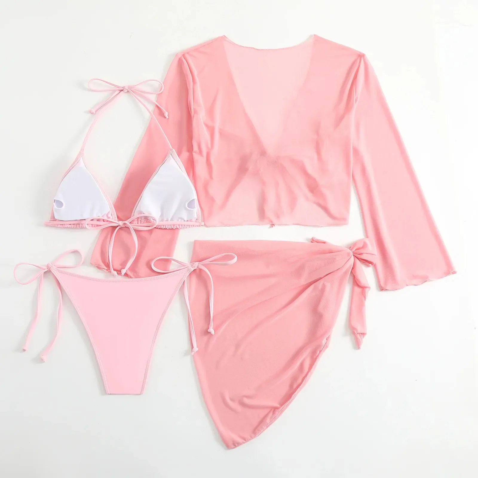 Pink String Bikini with Mesh Cover Tops and Skirt