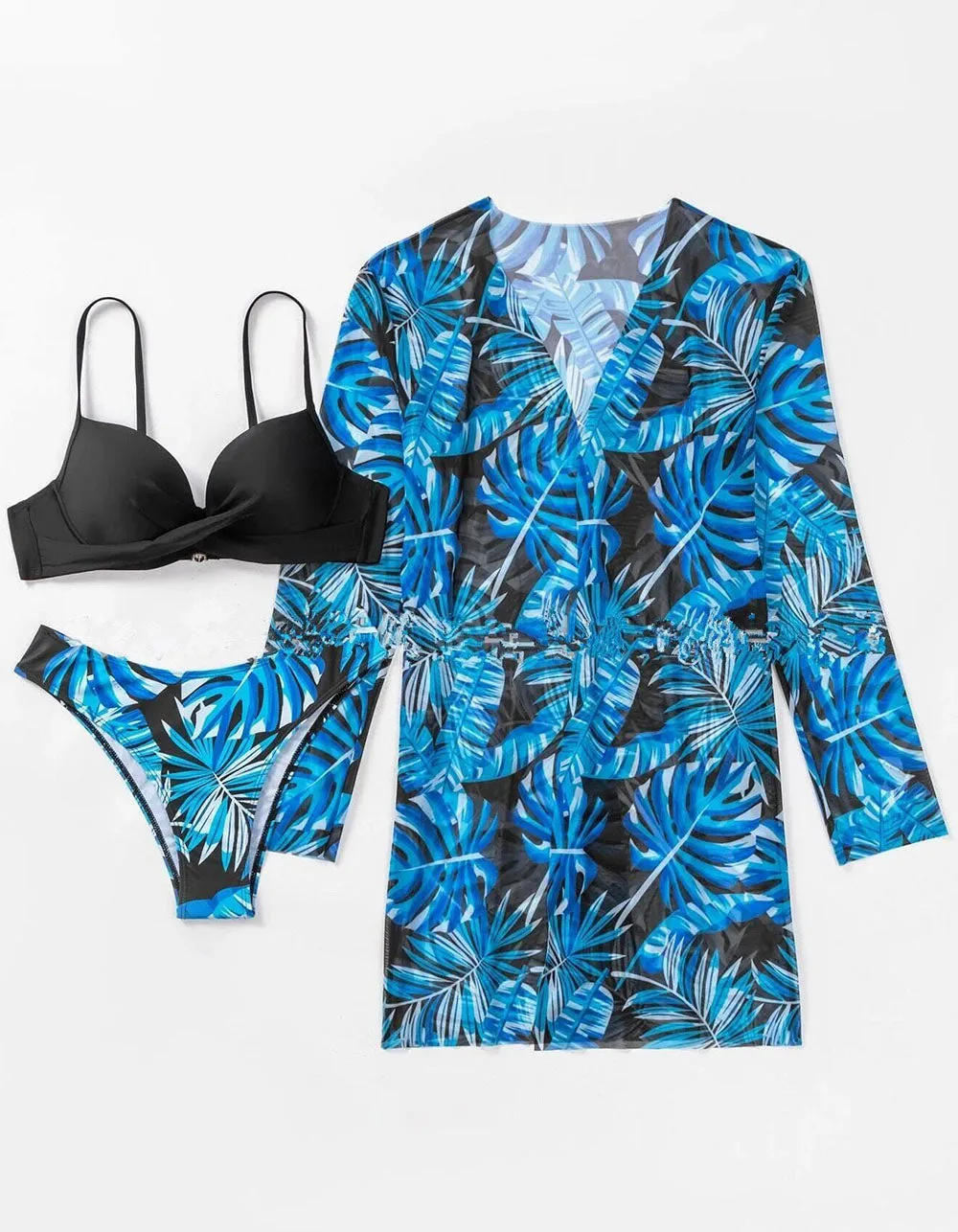 Plants Printed Three-piece Backless  Bikini Swimwear