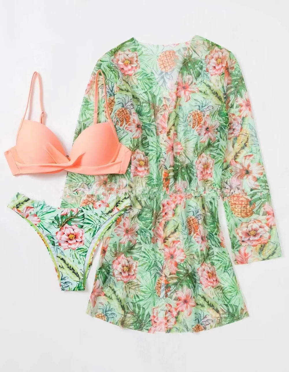 Plants Printed Three-piece Backless  Bikini Swimwear
