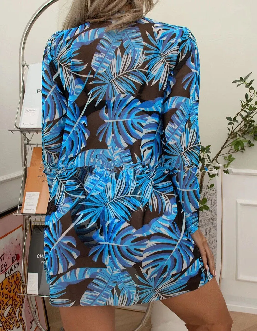 Plants Printed Three-piece Backless  Bikini Swimwear