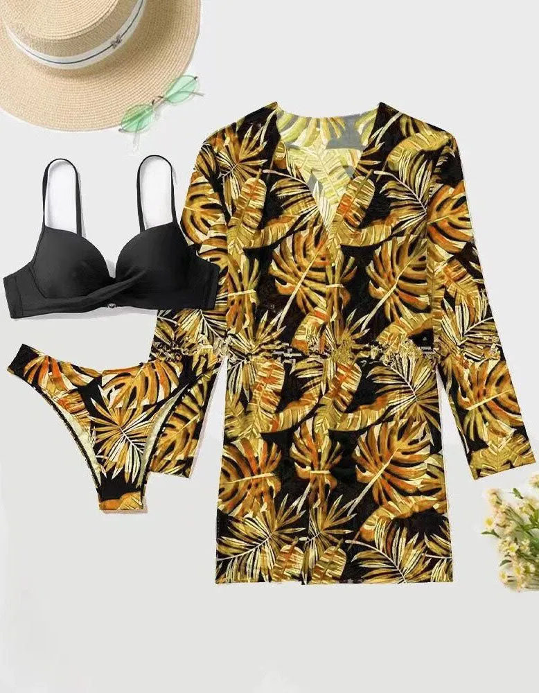 Plants Printed Three-piece Backless  Bikini Swimwear