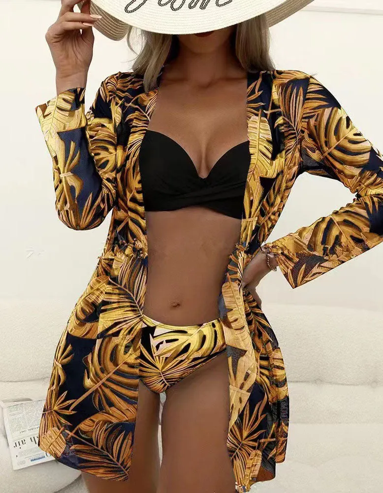 Plants Printed Three-piece Backless  Bikini Swimwear