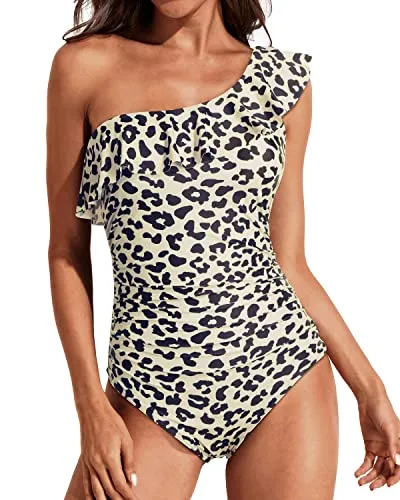 Playful Ruffle One Shoulder One Piece Swimsuits-Leopard
