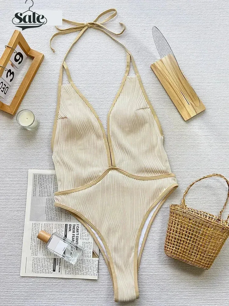 Plunge One-Piece Swimwear Gold-Trimmed Bathing Suit
