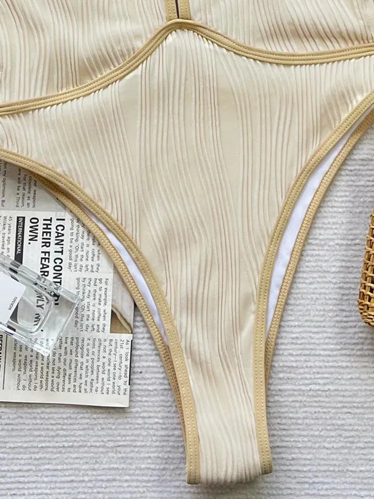 Plunge One-Piece Swimwear Gold-Trimmed Bathing Suit
