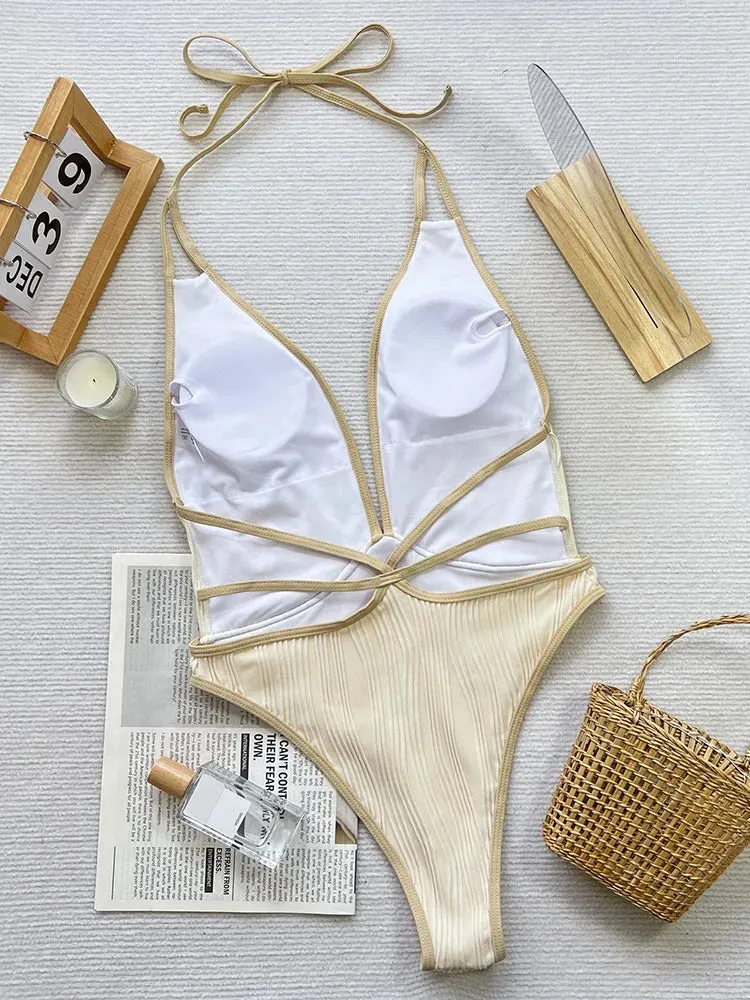 Plunge One-Piece Swimwear Gold-Trimmed Bathing Suit
