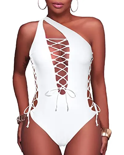 Plunge V Neck Lace Up One Piece Swimsuits-White