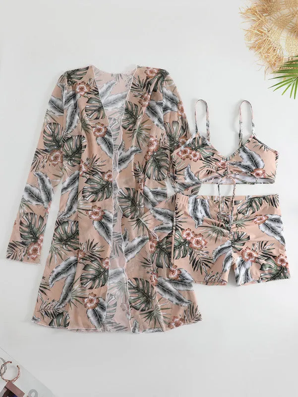 Plus 3pack Allover Print Drawstring Front Bikini Swimsuit Cream