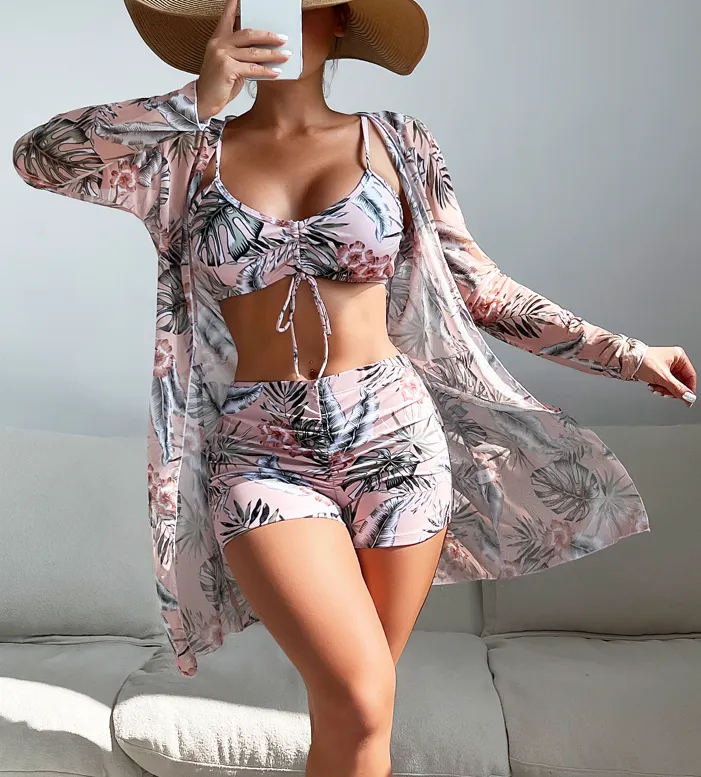 Plus 3pack Allover Print Drawstring Front Bikini Swimsuit Cream