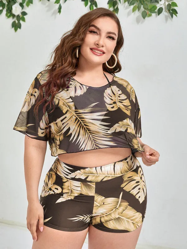 Plus 3pack Brown Tropical Print Halter Triangle Bikini Swimsuit