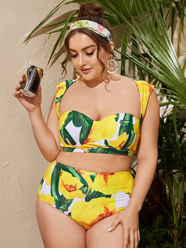 Plus Cut-out Underwire Bikini Swimsuit With Beach Skirt Yellow
