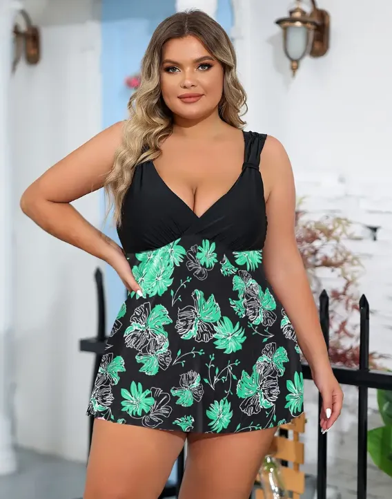 Plus Floral Print Green Bikini Swimsuit