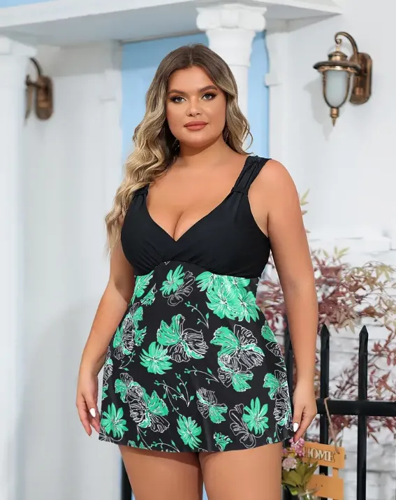 Plus Floral Print Green Bikini Swimsuit