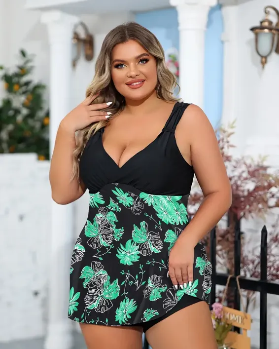 Plus Floral Print Green Bikini Swimsuit