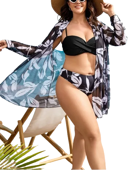 Plus Graphic Print Push Up Bikini Swimsuit Black