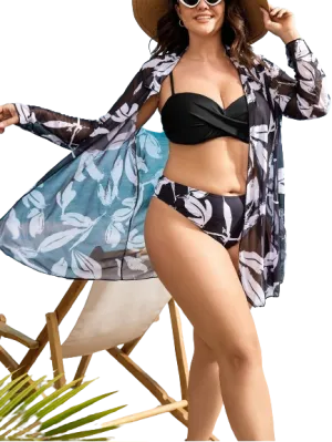 Plus Graphic Print Push Up Bikini Swimsuit Black