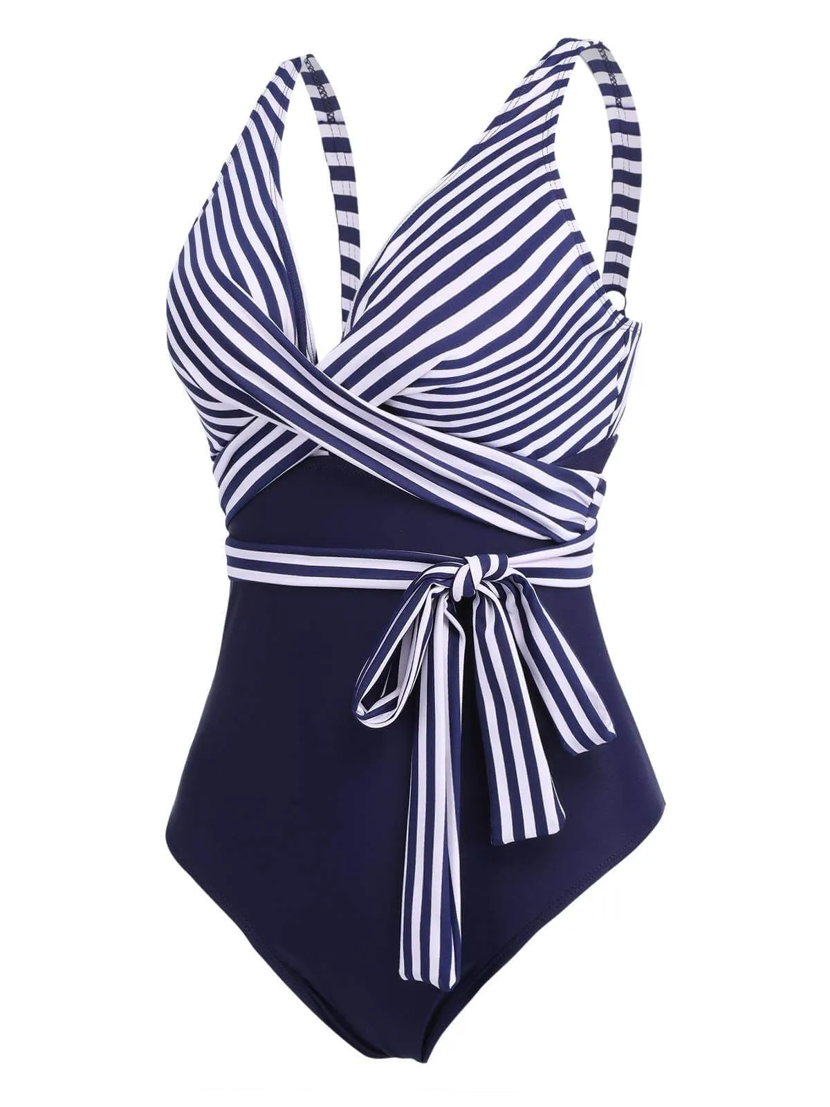 [Plus Size] 1950s Stripe Lace Up Patchwork One-Piece Swimsuit