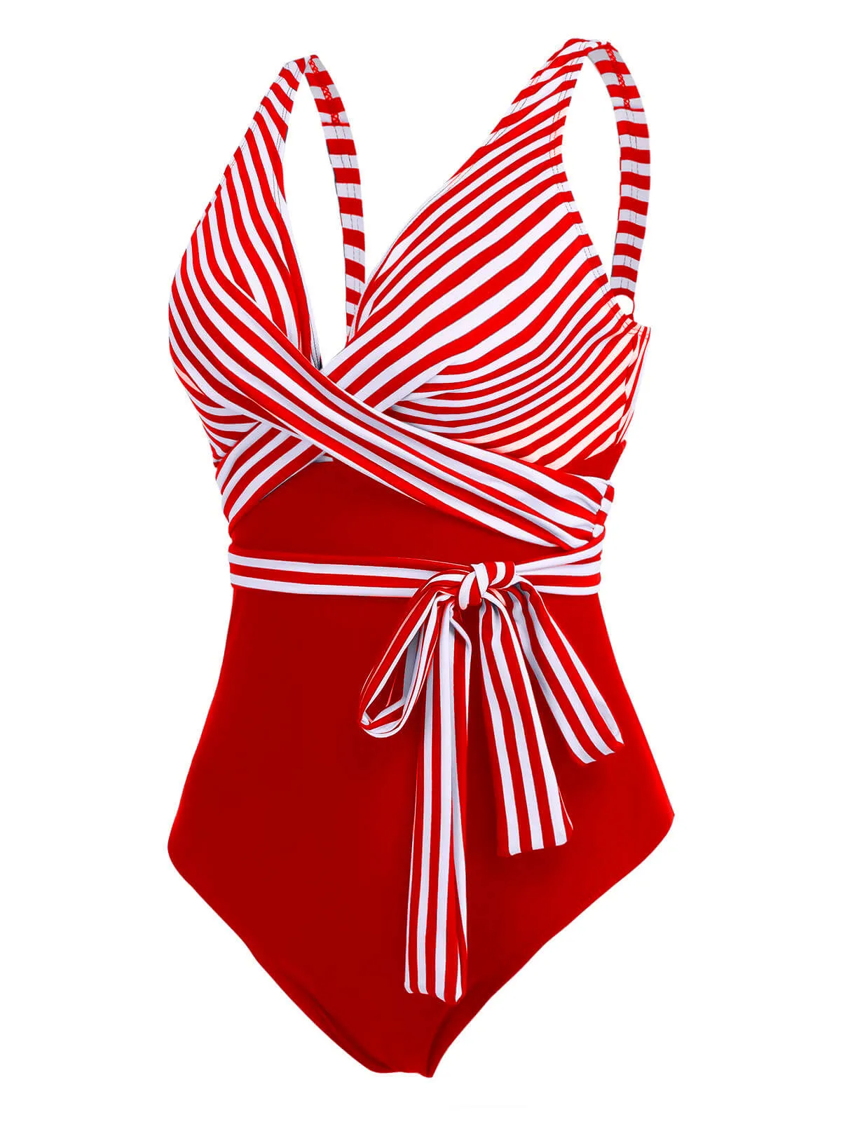 [Plus Size] 1950s Stripe Lace Up Patchwork One-Piece Swimsuit