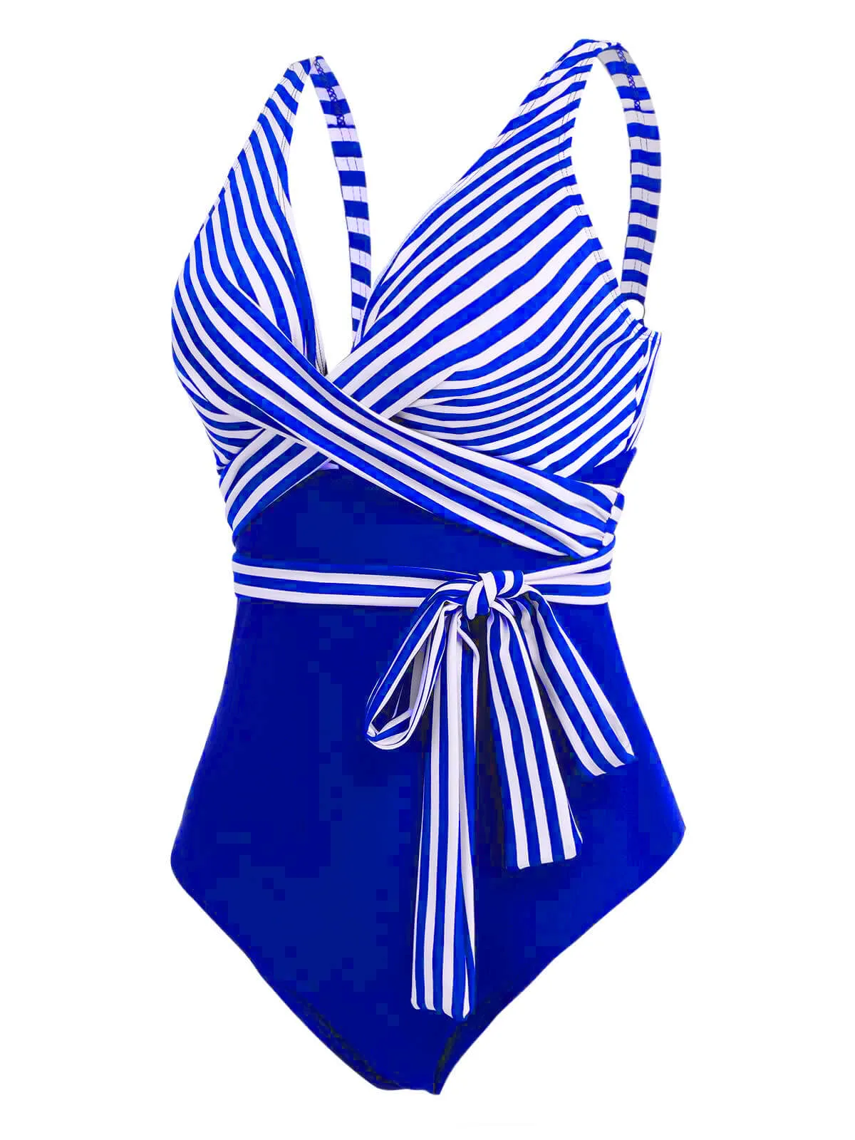[Plus Size] 1950s Stripe Lace Up Patchwork One-Piece Swimsuit