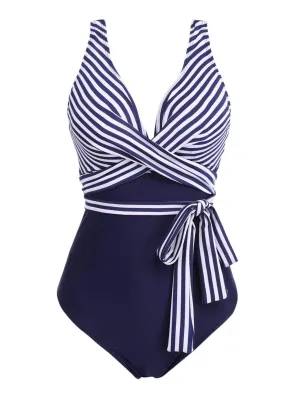 [Plus Size] 1950s Stripe Lace Up Patchwork One-Piece Swimsuit