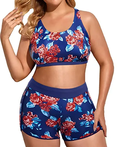 Plus Size Athletic Tankini Swimsuits Women's 3 Piece Bathing Suits with Boy Shorts