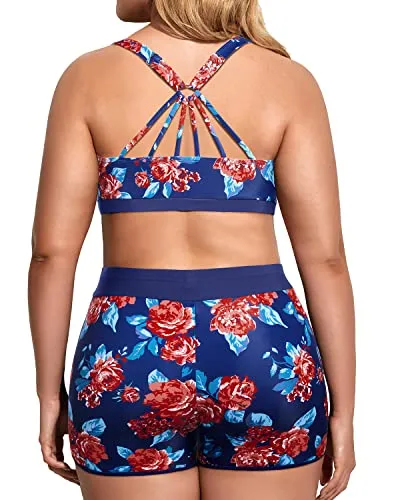 Plus Size Athletic Tankini Swimsuits Women's 3 Piece Bathing Suits with Boy Shorts