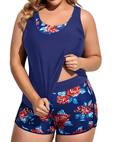Plus Size Athletic Tankini Swimsuits Women's 3 Piece Bathing Suits with Boy Shorts