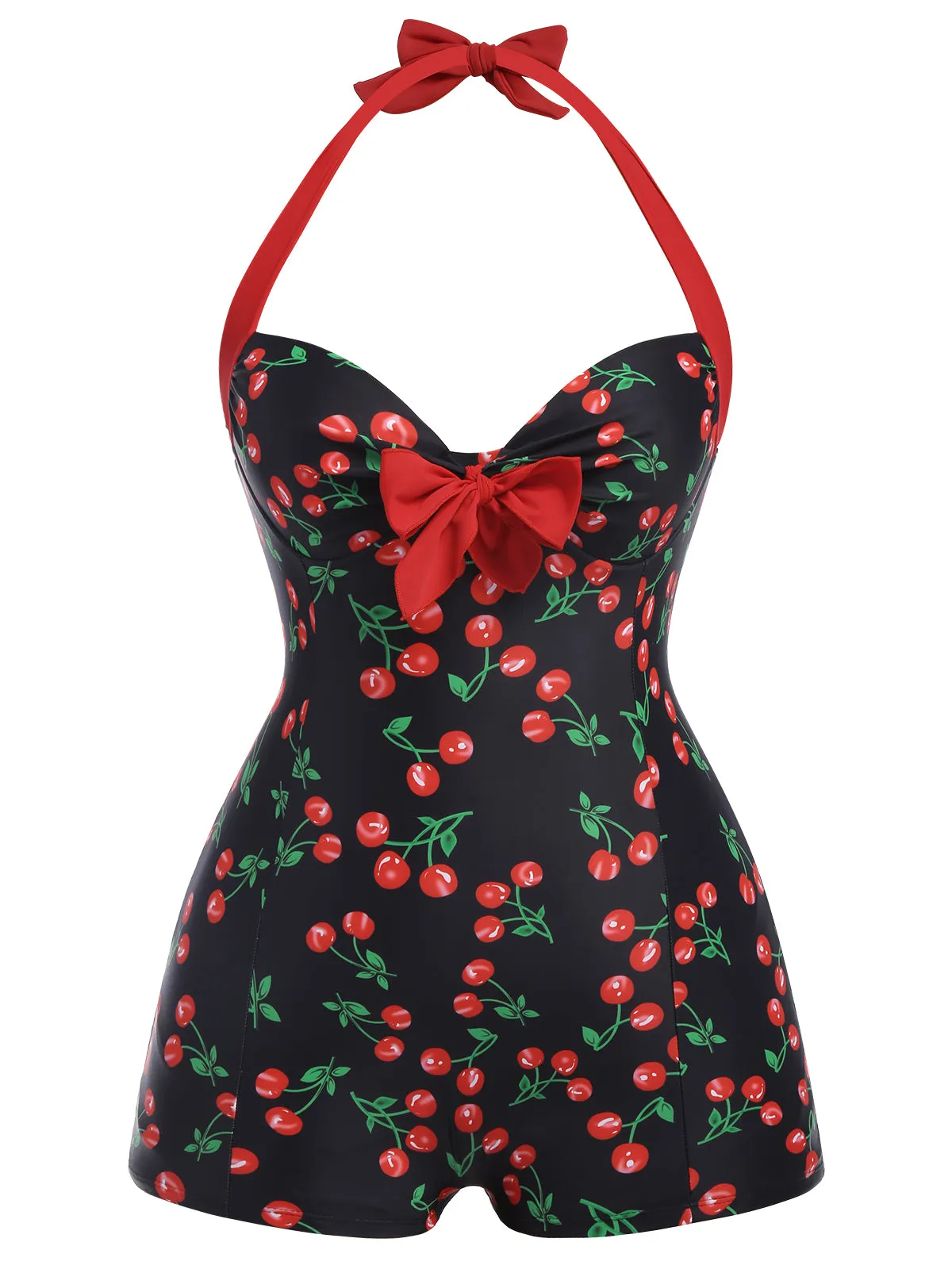 [Plus Size] Black 1960s Cherry One-Piece Swimsuit