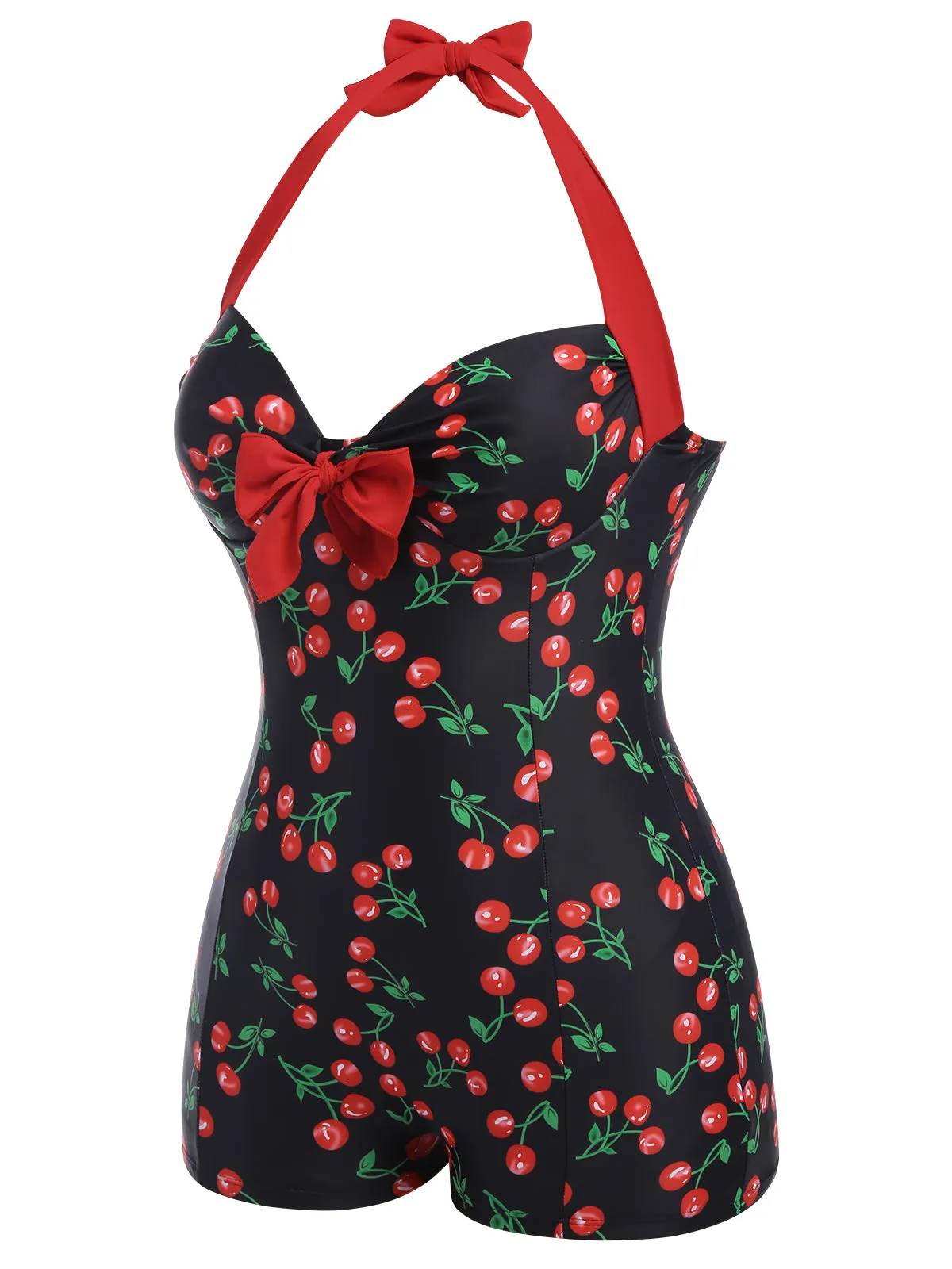 [Plus Size] Black 1960s Cherry One-Piece Swimsuit