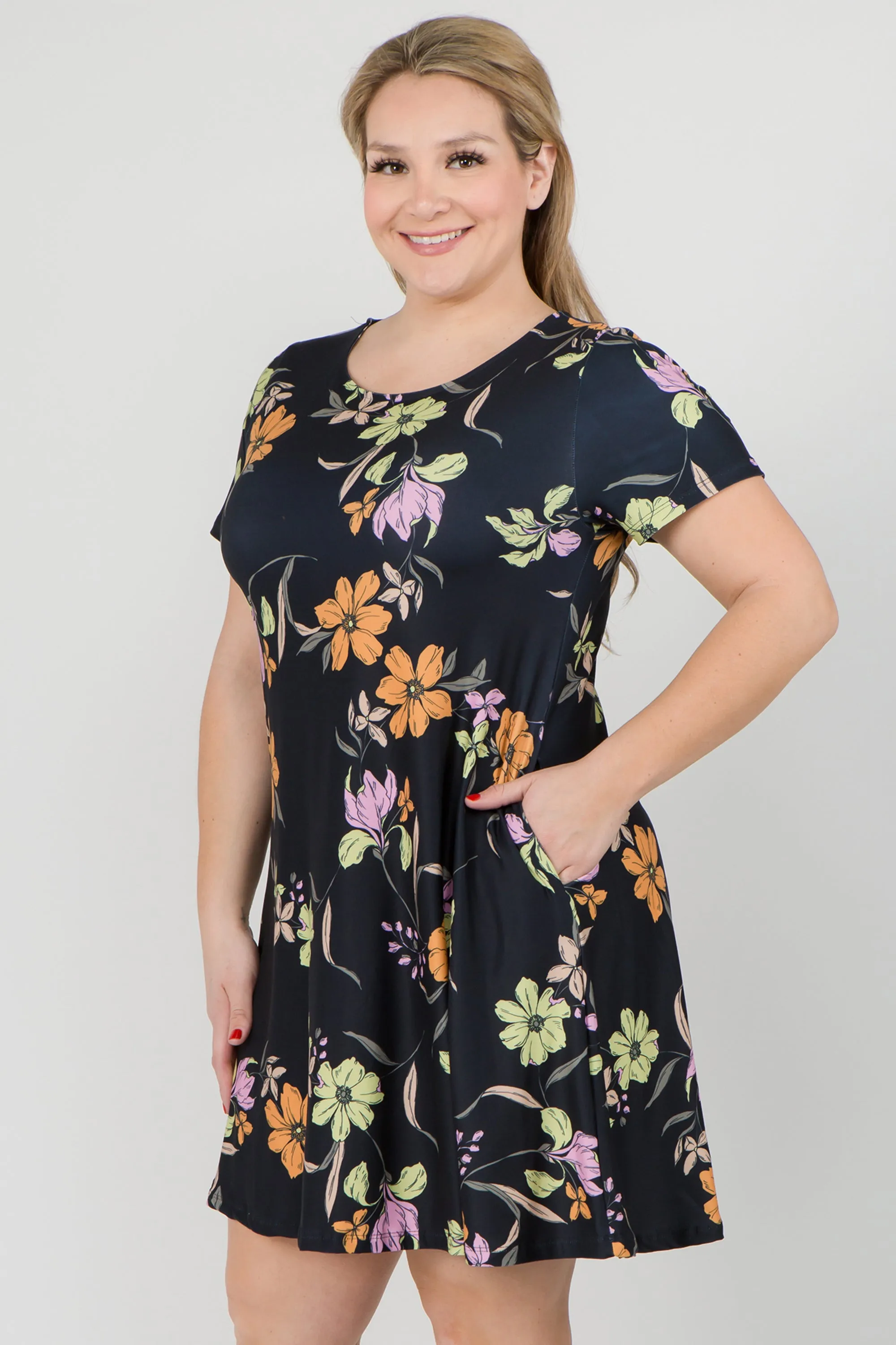 Plus Size Blossom of Lilies Fit and Flare Dress with Pockets