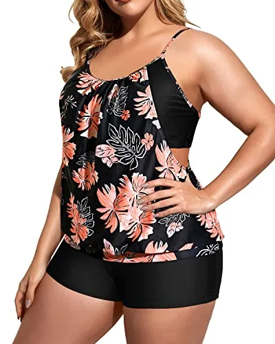 Plus Size Double Layer Tankini Set Swimsuits For Women-Black And Orange Floral