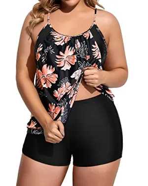 Plus Size Double Layer Tankini Set Swimsuits For Women-Black And Orange Floral