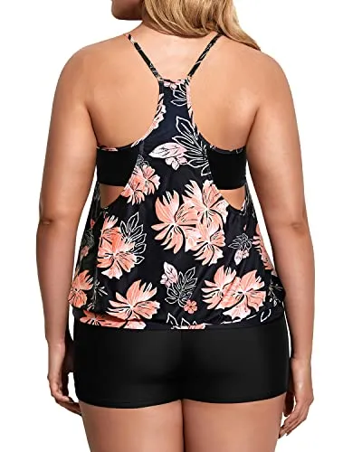 Plus Size Double Layer Tankini Set Swimsuits For Women-Black And Orange Floral